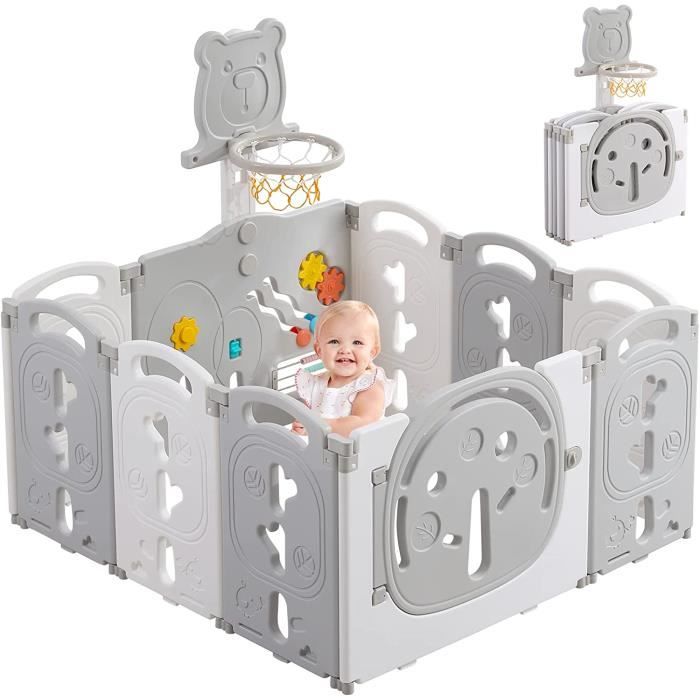 Parc Bébé 10 Panneaux Pliable, parc bebe modulable avec Panier de Basket, Parc pour enfants en