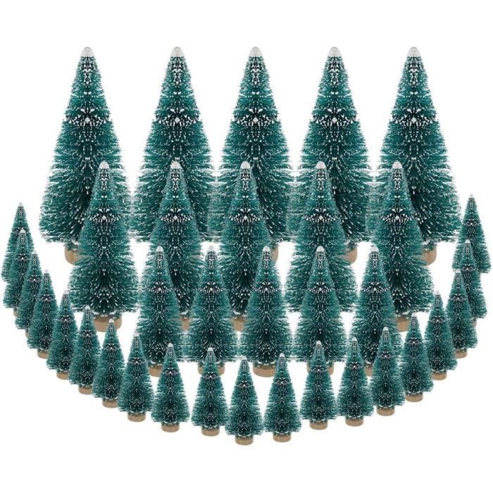 Lot De 24 Mini Sapins De Noël En Sisal Avec Base Bois - Décoration Hiver Et Neige - Pour Tables, Maquettes, Dioramas - Tailles Et Couleurs Variées