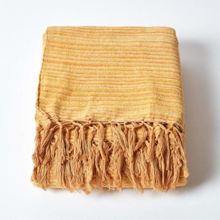 Jeté De Canapé Chenille Réversible 180x230 Cm - Orange Uni, épais, Avec Pompons, Polyvalent