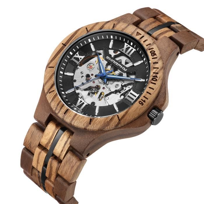 Montre automatique homme mecanique bois lumineux tanche