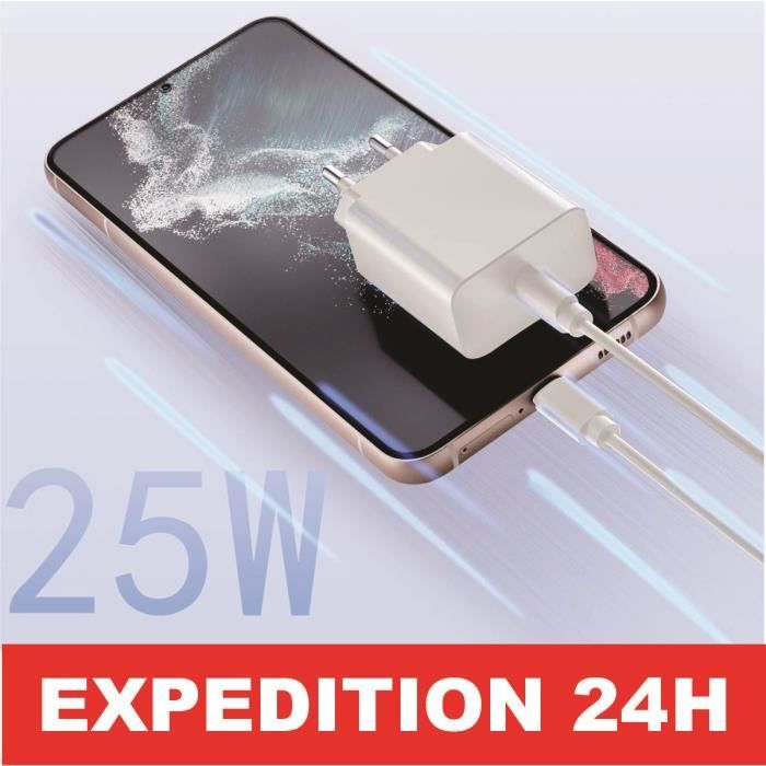 Chargeur USB-C 25W + Câble USB-C vers USB-C Blanc 1M pour Samsung Galaxy  A13 A14 A24 A34 M13 M23 5G