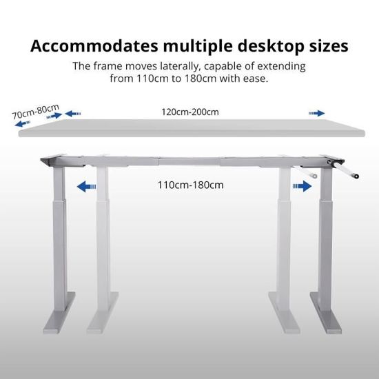 Bureau Réglable En Hauteur Manuel Avec Manivelle - Plateau 120x60 Cm, Hauteur 72-109,5 Cm - Cadre Acier, Charge 40 Kg - Assis-debout Ergonomique