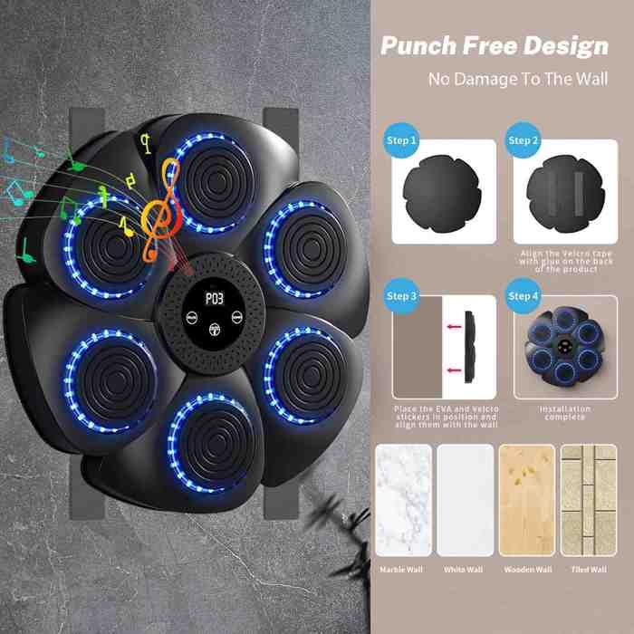 Machine De Boxe Musicale SOARFLY – LED, Bluetooth, 9 Vitesses, 6+2 Zones De Frappe – Gants Inclus – Batterie 4000 MAh – Pose Sans Perçage