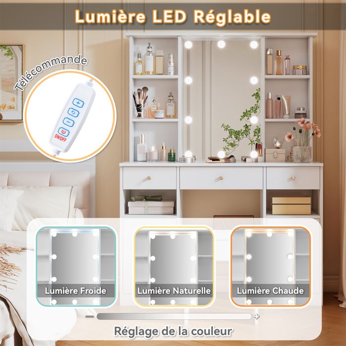 Coiffeuse Duffy Avec Miroir Et Lumière LED – 9 Tiroirs – Couleur Blanc – Éclairage 3 Couleurs Réglable – Montage Facile