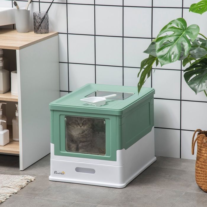 PawHut Maison De Toilette Pour Chat Fermée Pliable - Double Porte + Pelle + Tiroir - 47,5 X 35,5 X 36,7 Cm Gris Blanc