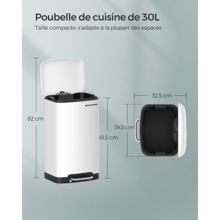 Poubelle De Cuisine, 30l, Seau Interne En Plastique, Couvercle À Charnière,  Fermeture Souple, Blanc