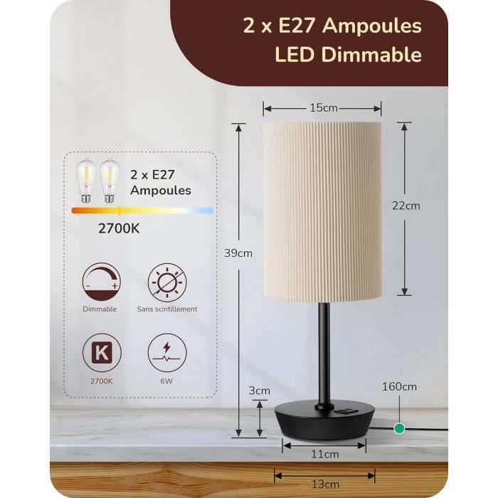 Lampe De Chevet Tactile Lot De 2 - Ports USB-A Et USB-C, Intensité Réglable | Abat-Jour Beige Doux