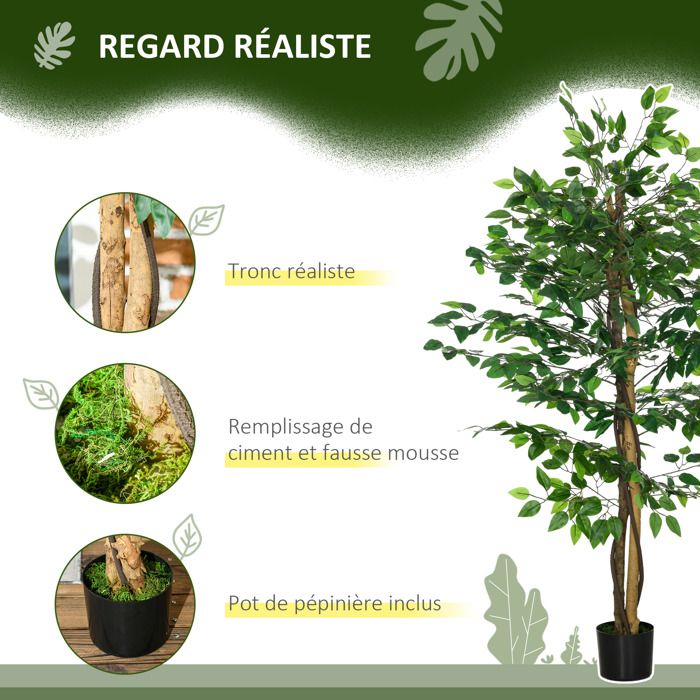 Ficus Artificiel 160cm Réaliste - Plante Artificielle Avec Tronc Naturel & Feuilles Vertes/Blanches - Pot Ciment, Sans Entretien