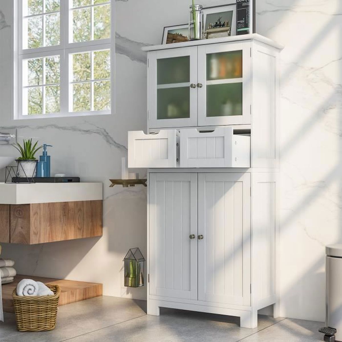 COSTWAY Colonne Salle de Bain Armoire Haute avec 4 Portes 2 Tiroirs