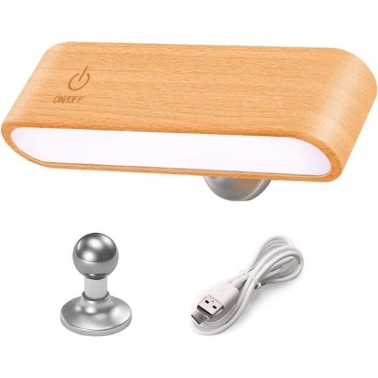 Lampe De Lecture LED Pour Lit – Rotative 360° Magnétique En Bois, Dimmable, Rechargeable, Veilleuse Sans Fil