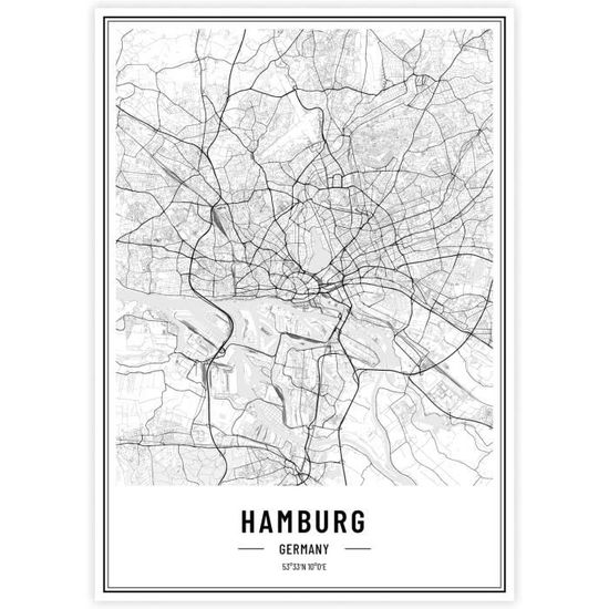 Poster Città Amburgo In Bianco E Nero – Mappa Urbana – Stampa Artistica DIN A2 (42x59,4 Cm) – Carta 250g/m², Made In Germany, Sostenibile