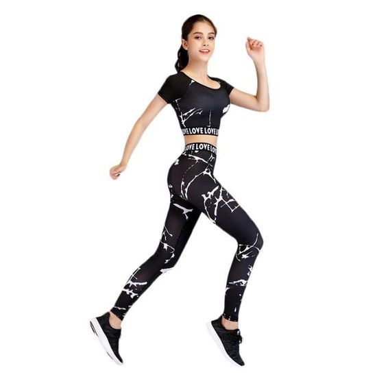 Ensemble De Vetements De Sport Femme 2 Pieces T Shirt Court Legging Noir Blanc Lettre Cdiscount Sport
