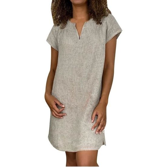 Robe Été Femme En Lin Mi-Longue Plissée – T-Shirt Robe Décontractée Chic