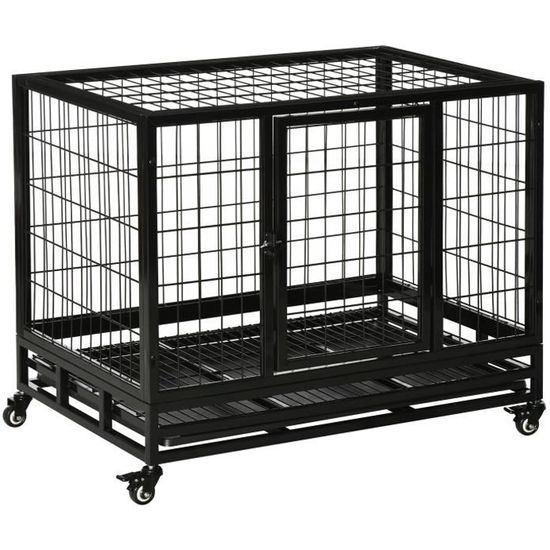 Cage pour chien animaux cage de transport sur roulettes 2 portes noir