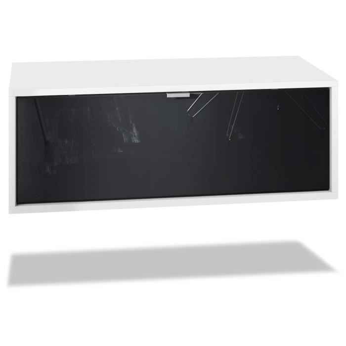 Meuble TV Lana 140 armoire murale lowboard 140 x 29 x 37 cm, caisson en blanc mat, façades en Noir haute brillance