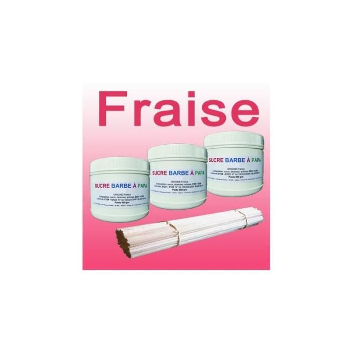 Lot de 3 pots de Sucre barbe à papa Fraise 500g + 100 Bâtons