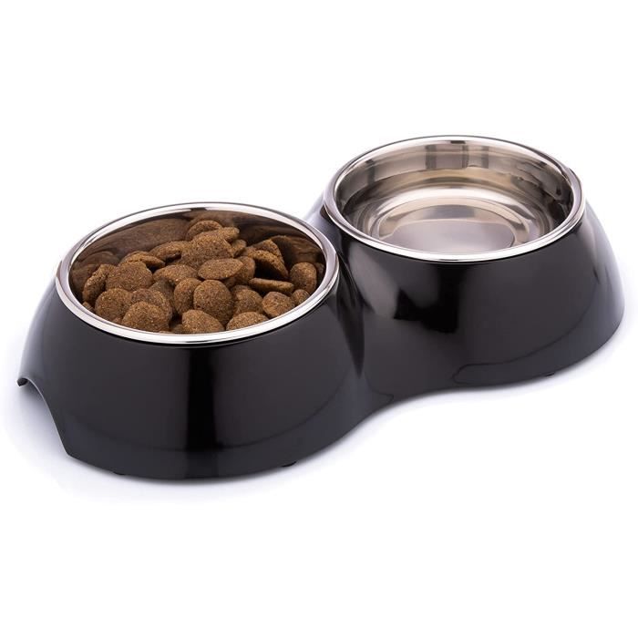 DDOXX Double Bol d'Alimentation pour Chien, Chat, Acier Inoxydable, Bol en Mélamine - 700 ml - Noir