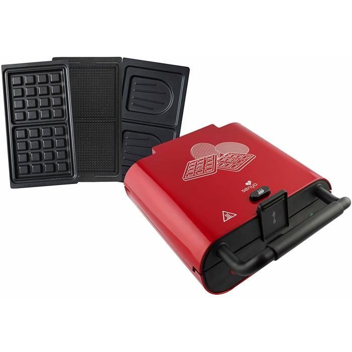 Senya gaufrier gaufres gaufrettes et croque-monsieur Multi Waffles, appareil à croque-monsieur 3 plaques interchangeables, rouge mét