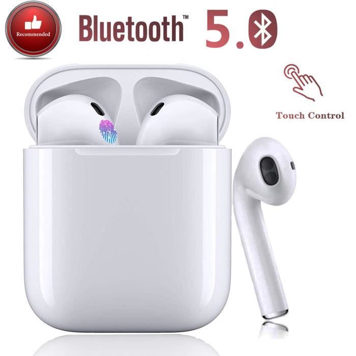 Écouteurs Bluetooth V5.0, Casque sans Fil Touch réduction de Bruit 3D IPX7 écouteurs stéréo étanches Microphone intégré et étui de C