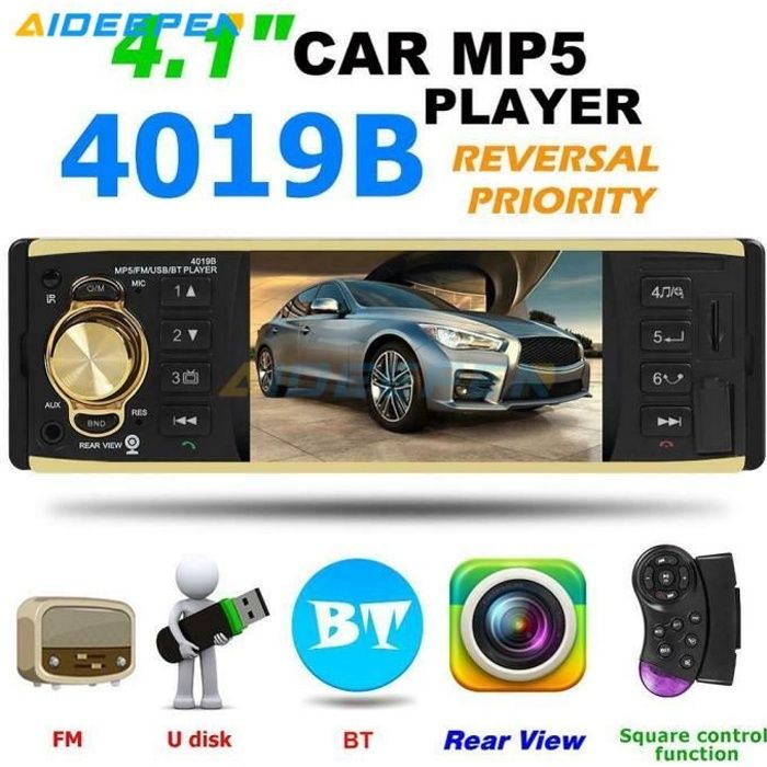 Autoradio 4019B 4,1- HD 1 DIN Voiture Radio Bluetooth MP5 lecture Multimédia FM AUX W/Remote USB/TF avec Télécommande