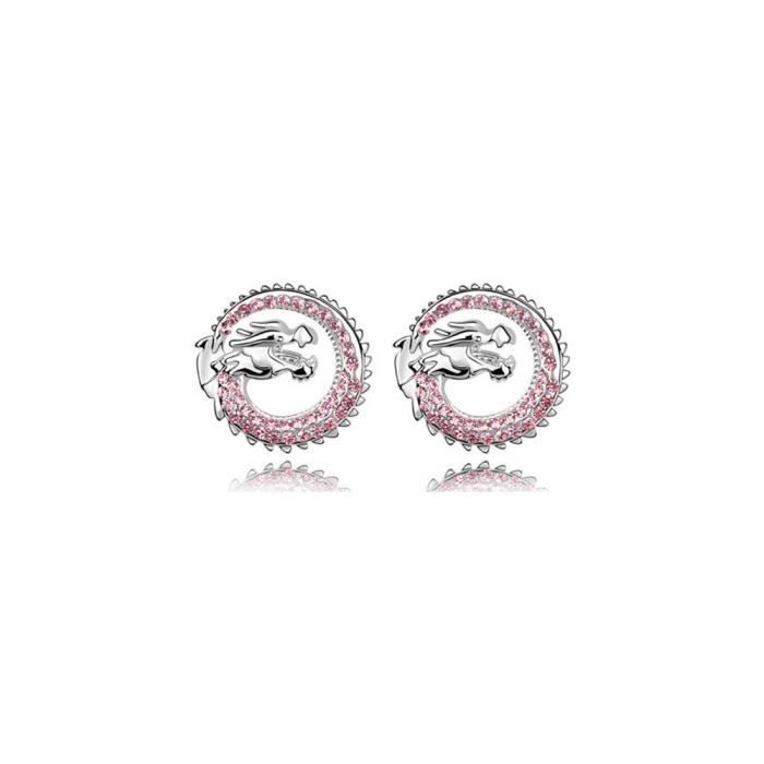 Boucles d'oreilles Dragon ornées de Cristal Rose de Swarovski et Plaqué Rhodium