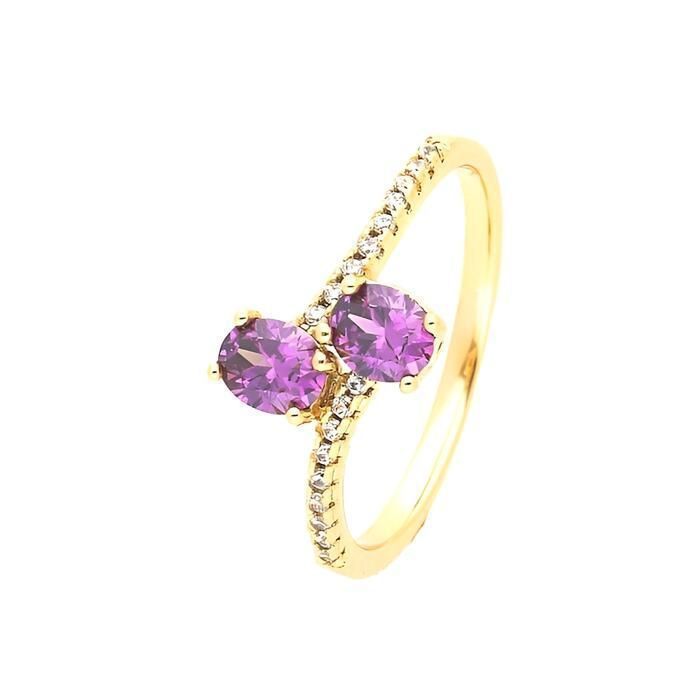 Bague Sertie Améthyste et Cristal Autrichien Blanc Plaqué Or Jaune 750/1000 du 54 au 60