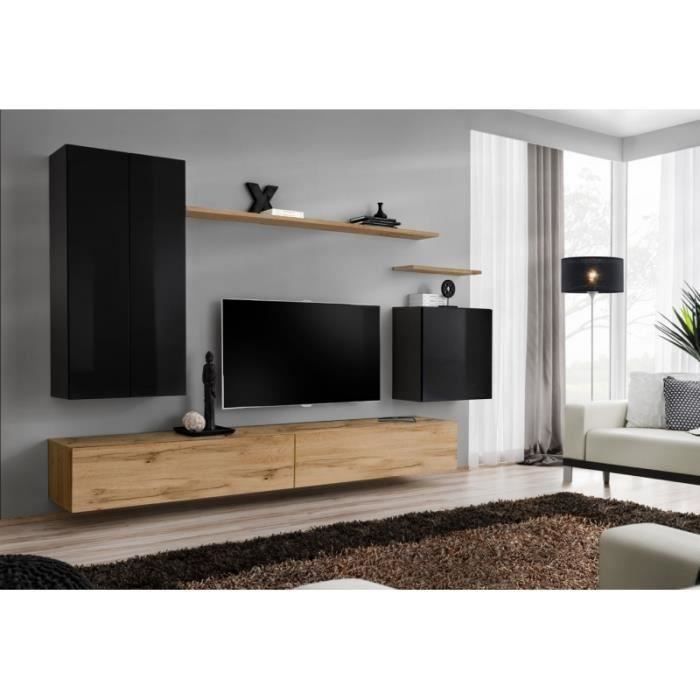 Meuble TV mural SWITCH II design, coloris chêne Wotan et noir brillant. 37 Noir