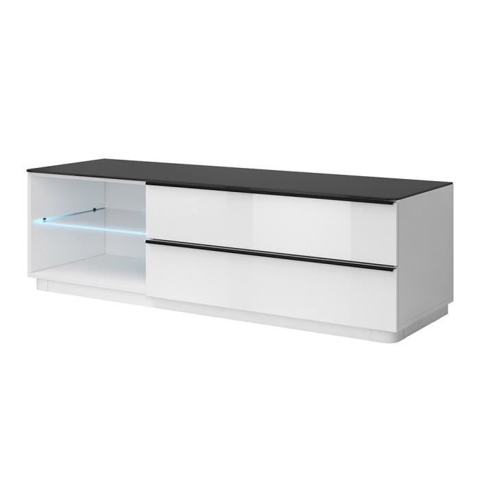 Meuble TV 160cm design TONGA. Coloris blanc et noir finition brillante + LED. Style design. 52 Blanc