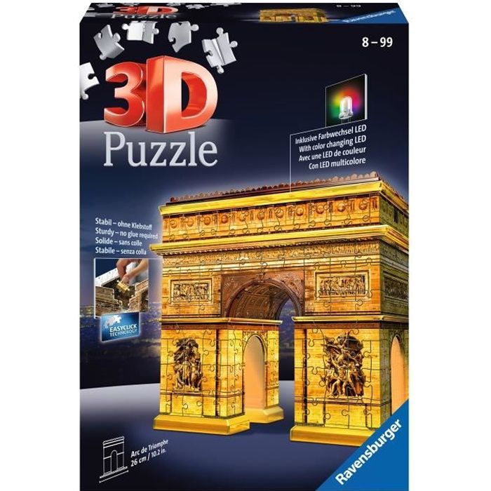 Puzzle 3D Arc de Triomphe illuminé - Ravensburger - Monument 216 pièces - sans colle - avec LEDS couleur - Dès 8 ans