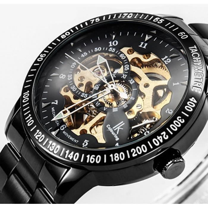 SHARPHY Montre Automatique Homme Mécanique Squelette Creux Fond de Verre Noir