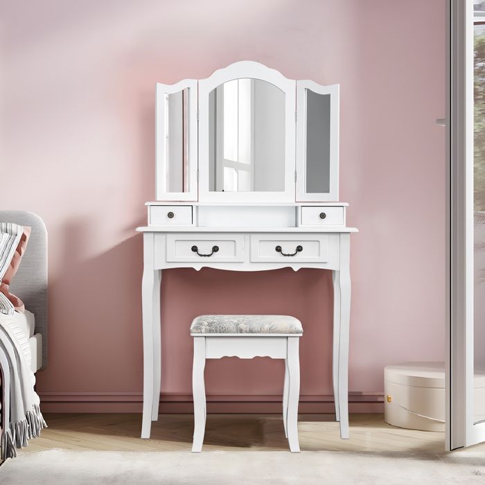 Coiffeuse Moderne Blanche avec Miroir LED 9 Tiroirs - Ciel & terre Commerce