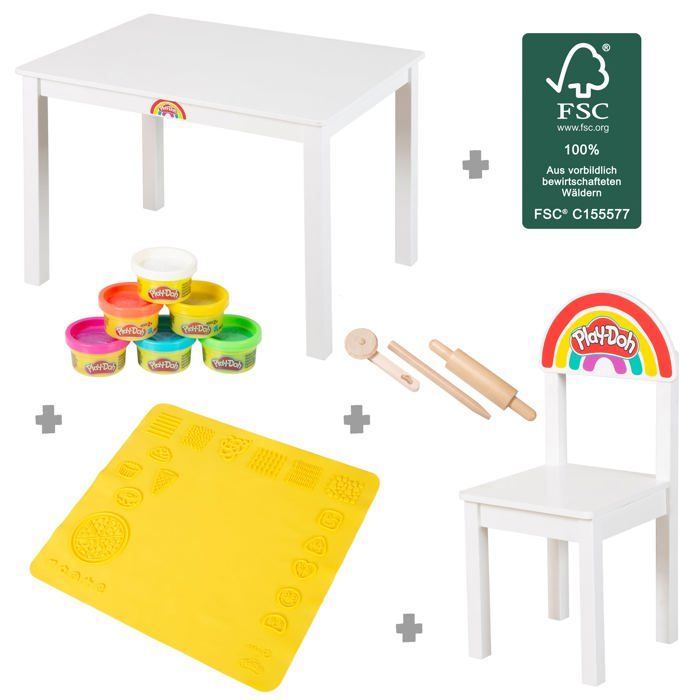 Pâte à modeler - ROBA - Roba x Play‑Doh - 6 pots Play‑Doh - Table et chaise bois FSC - Tapis 3D silicone sans BPA Pâte à modeler - ROBA - Roba x Play‑Doh - 6 pots Play‑Doh - Table et chaise bois FSC - Tapis 3D silicone sans BPA