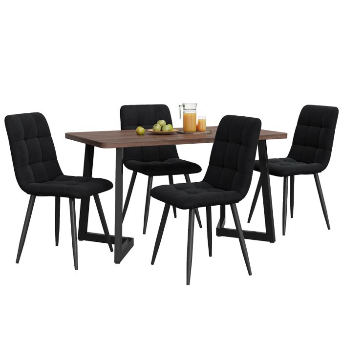Ensemble Table À Manger 1 Table 4 Chaises En Velour Noir - Ensemble Table Et Chaises Pour Salle À Manger MDF Pieds De Table Noir