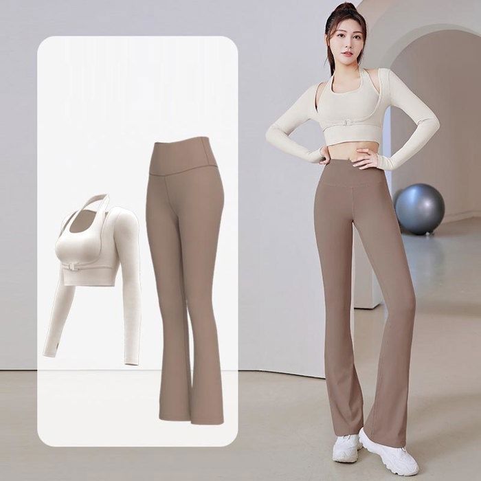Vêtement de Sport Femme 2 Pièces Ensemble de Yoga T-shirt Halter et Legging Tenue de Sport Pour Gym Fitness - Beige Kaki
