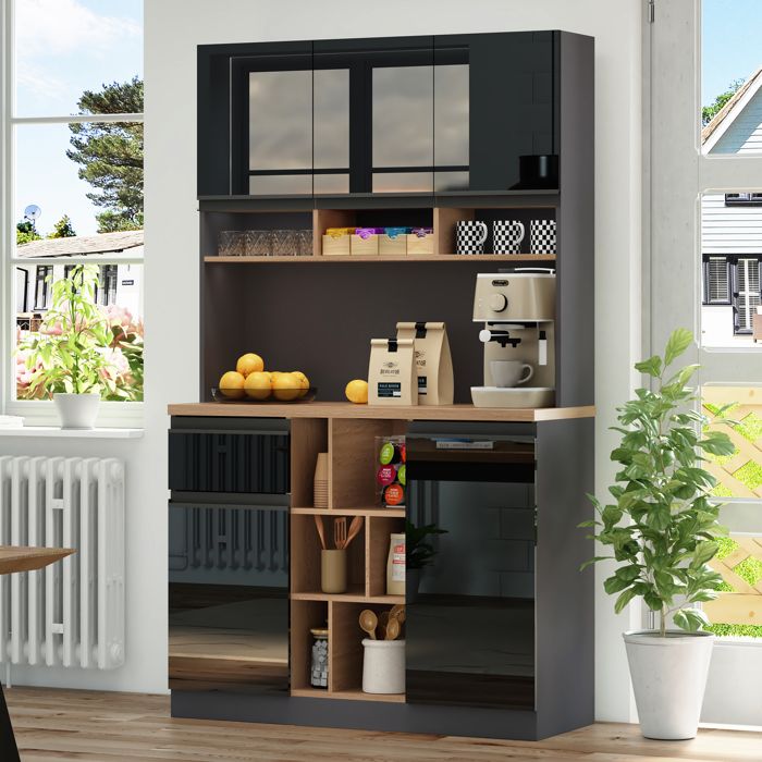 105×45×185cm armoire de cuisine moderne buffet placard gris et noir poignées métalliques étagères réglables tiroirs espace