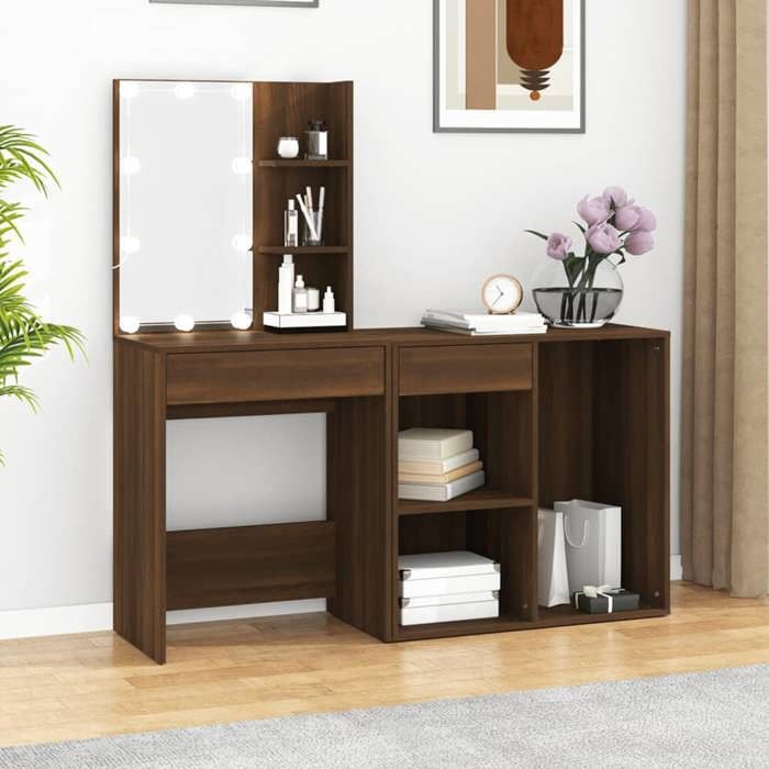 CLARENCETable Adulte/ Coiffeuse - éclairage LED - avec armoire Chêne marron Bois dingénierie EU971124