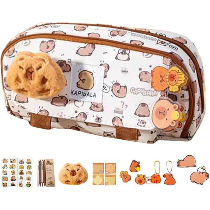 Huehkir Ensemble Papeterie Capybara, Trousse À Crayons Capybara Grande Capacité avec Compartiments, Ensemble de Papeterie Mignon Comprenant Une Capybara/stylos Gel/Porte-clés pour Garçons Filles