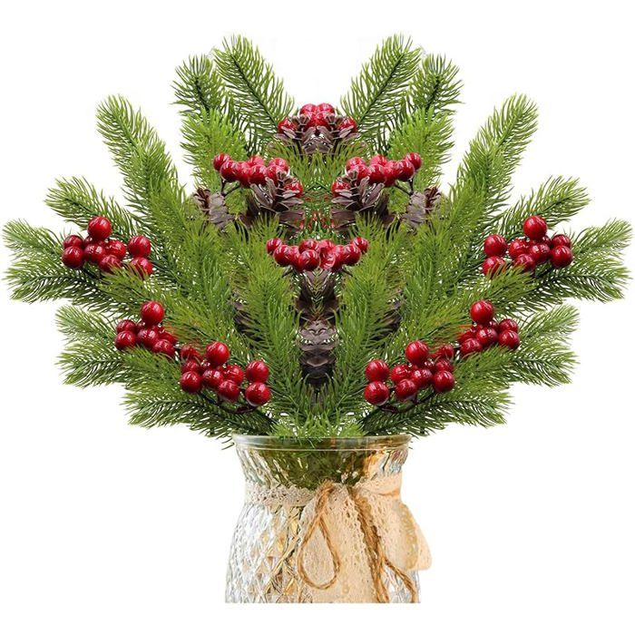 4 Branches Décoratives Sapin De Noël Avec Baies Rouges - 30 Cm - Pour Couronnes Et Déco DIY