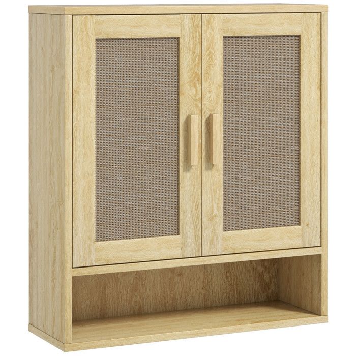 Armoire murale salle de bain WC style bohème effet rotin bois clair