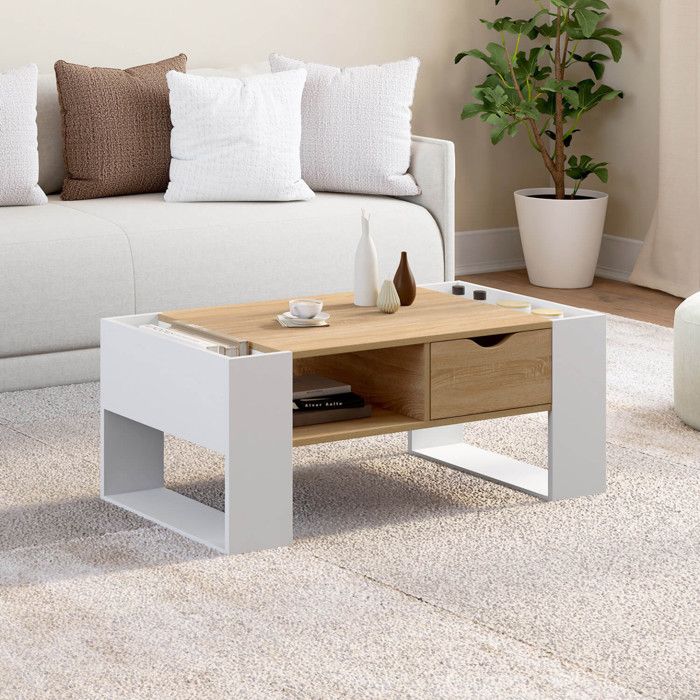 IDMARKET Table basse rectangulaire BERYL avec tiroir bois blanc et façon hêtre IDMARKET Table basse rectangulaire BERYL avec tiroir bois blanc et façon hêtre