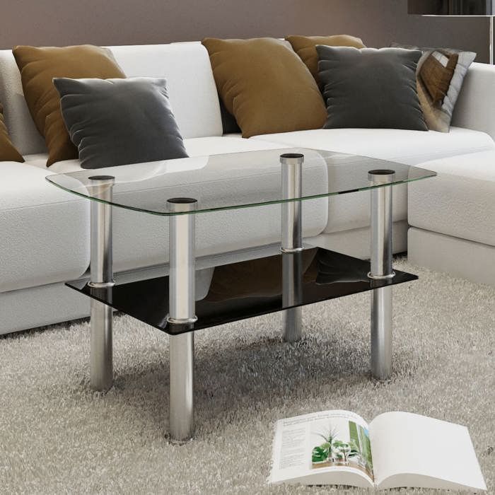 Table basse en verre trempé - VIDAXL - 65x45x43 cm - Argent - 2 étagères - Verre trempé - Acier inoxydable