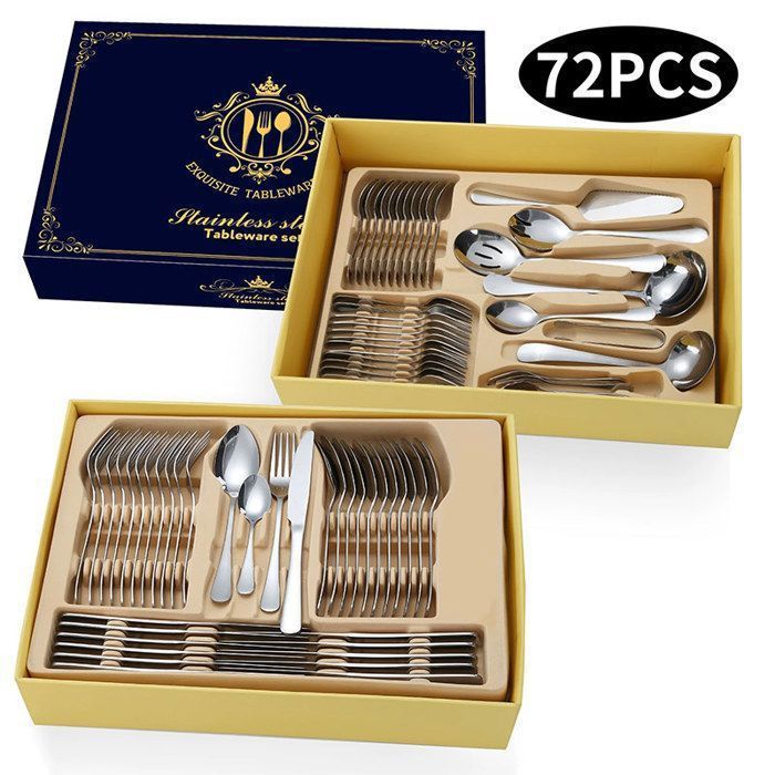 Coffret vaisselle 72 pièces - ensemble argent 72 pièces - acier inoxydable brossé - lave-vaisselle - poignée ergonomique