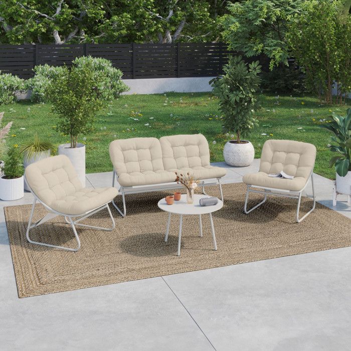 IDMARKET Salon de jardin bas ARONA 4 places en acier blanc et coussins beiges avec canapé fauteuils et table IDMARKET Salon de jardin bas ARONA 4 places en acier blanc et coussins beiges avec canapé fauteuils et table