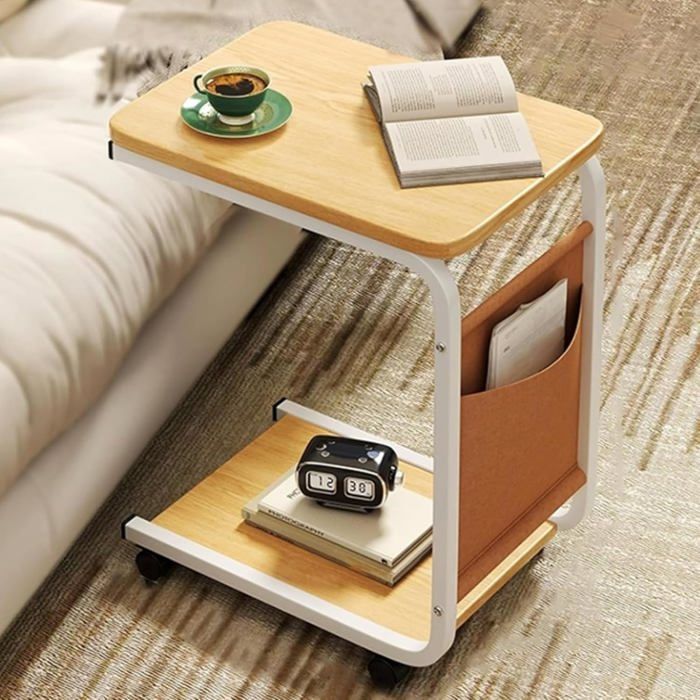 Au-Dessus du Lit Table a 2 Niveaux avec roulettes a 360°Dotée dun Sac de RangementPeut Également Servir de Table de BarNatural