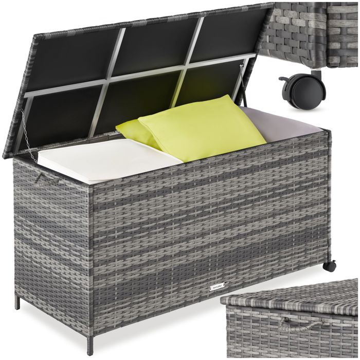 Rangement dextérieur - TECTAKE - Coffre de jardin KUUSAMO en rotin avec roulettes résistant aux UV 117x54x64 cm - Gris