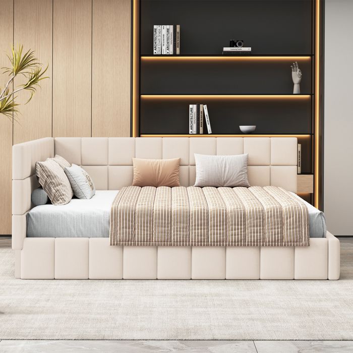 Canapé-lit - KOMHTOM - 160x200 - Velours beige - Sommier à lattes réversible - Capacité 250 kg Canapé-lit - KOMHTOM - 160x200 - Velours beige - Sommier à lattes réversible - Capacité 250 kg