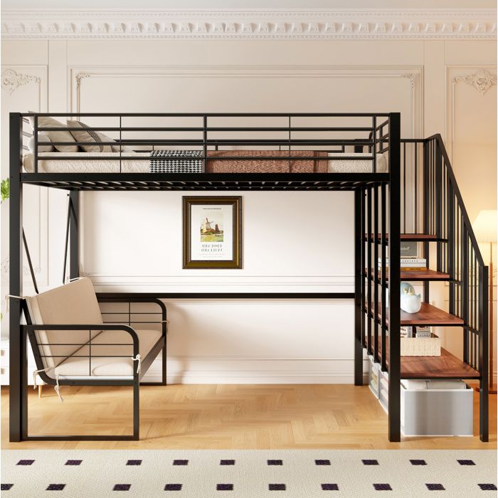 Lit superposé 140 x 200 cm noir en métal avec canapé amovible escalier rangement