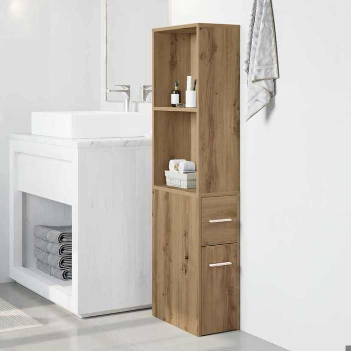 Vintage Casier de salle de bain/MEUBLE WC - Brun - Armoire de salle de bain étroite avec roulettes chêne artisanal _0011226