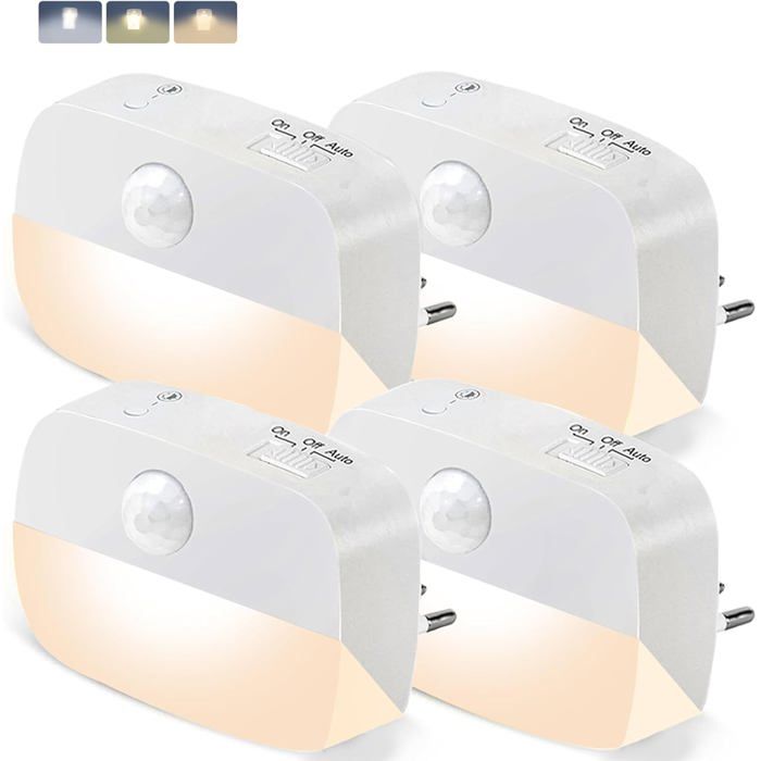 Lot de 4 Lampes Nuit avec Détecteur de Mouvement Veilleuse Prise LED 3 CouleursGradation Continue 3 Modes très pratique