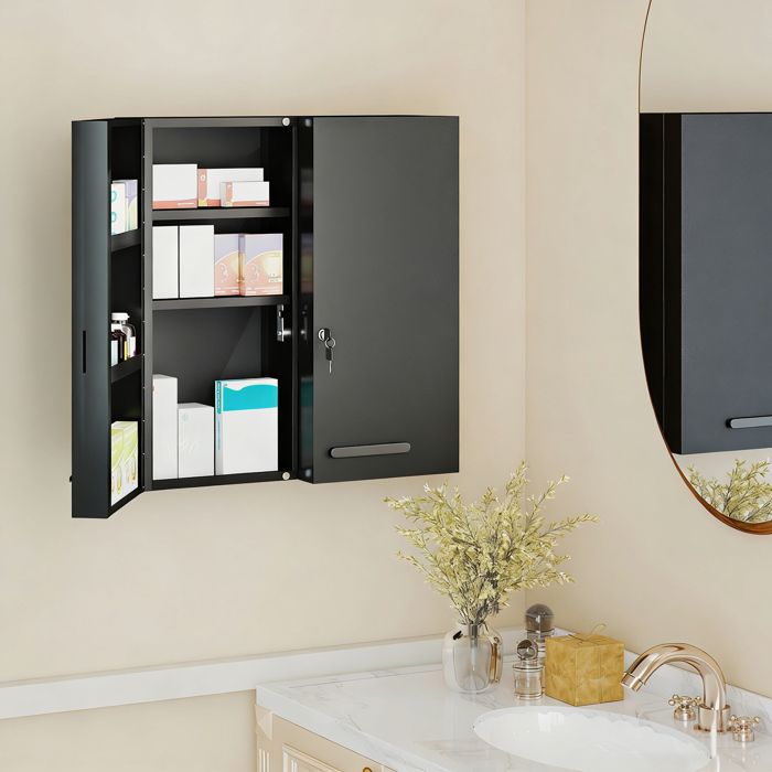 Armoire à pharmacie verrouillable noire 2 portes et 6 étagères